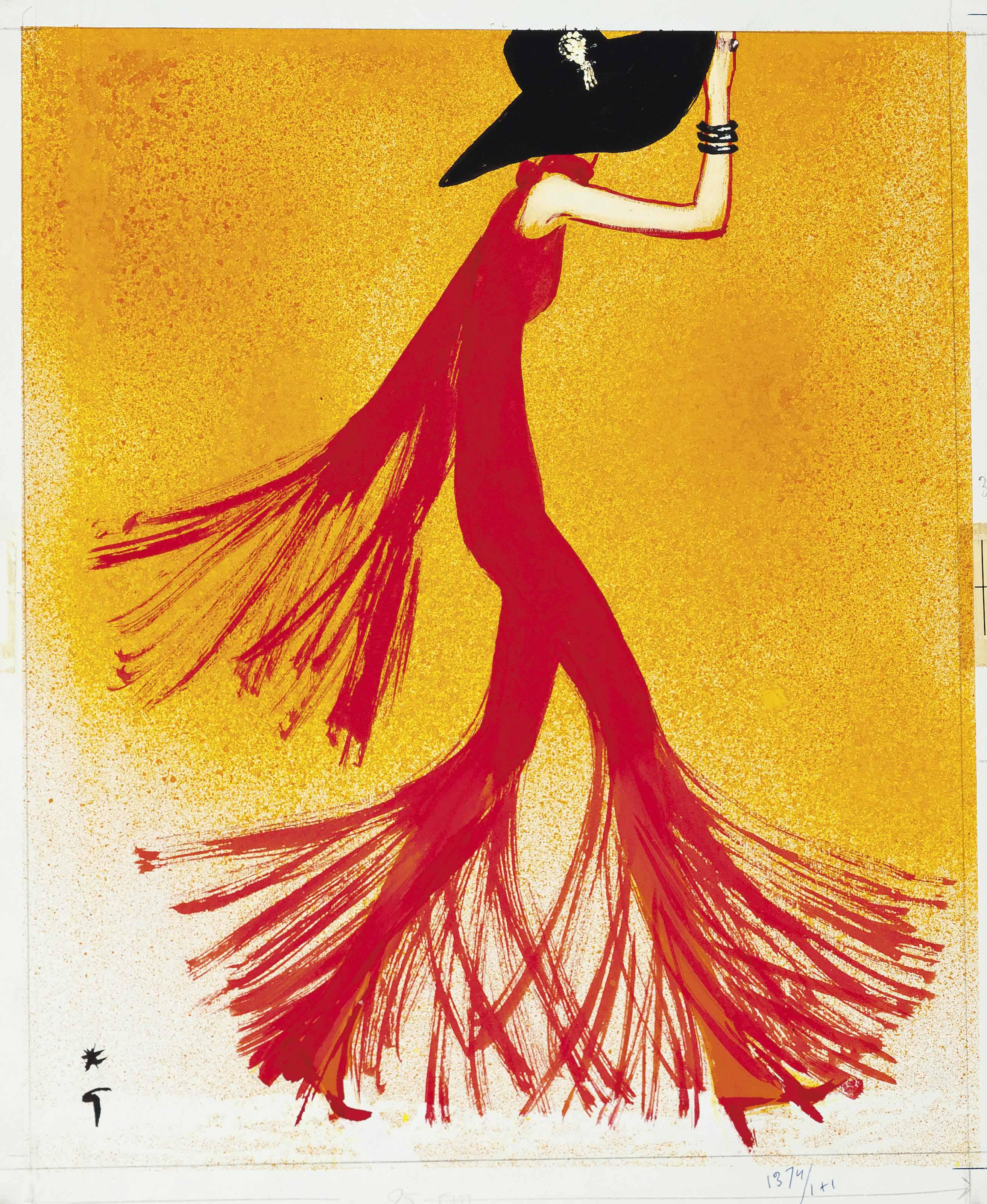 René Gruau - Lady In Red, Circa 1970
