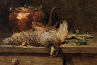 Rene Louis Chrétien - A still life with a rabbit, a pigeon and a copper kettle