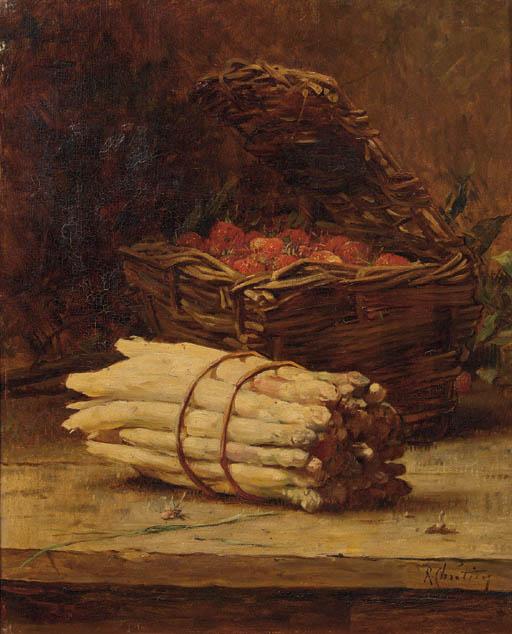 Rene Louis Chrétien - A still life with asparagus and stawberries