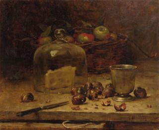 Rene Louis Chrétien - A still life with cheese, chestnuts and apples in a wicker basket