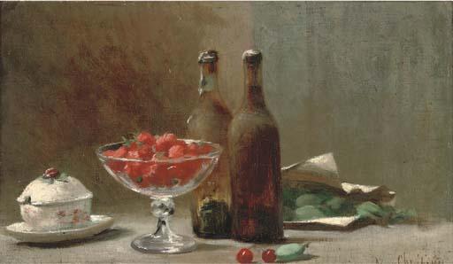 René Louis Chrétien - Bottles, Strawberries In A Bowl, With Cherries And A Pot To The Side