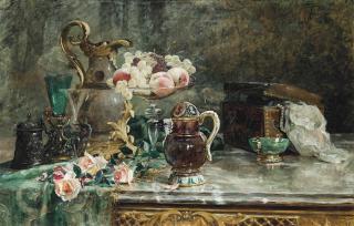 René Louis Chrétien - Roses, fruits and jewellery on a ledge