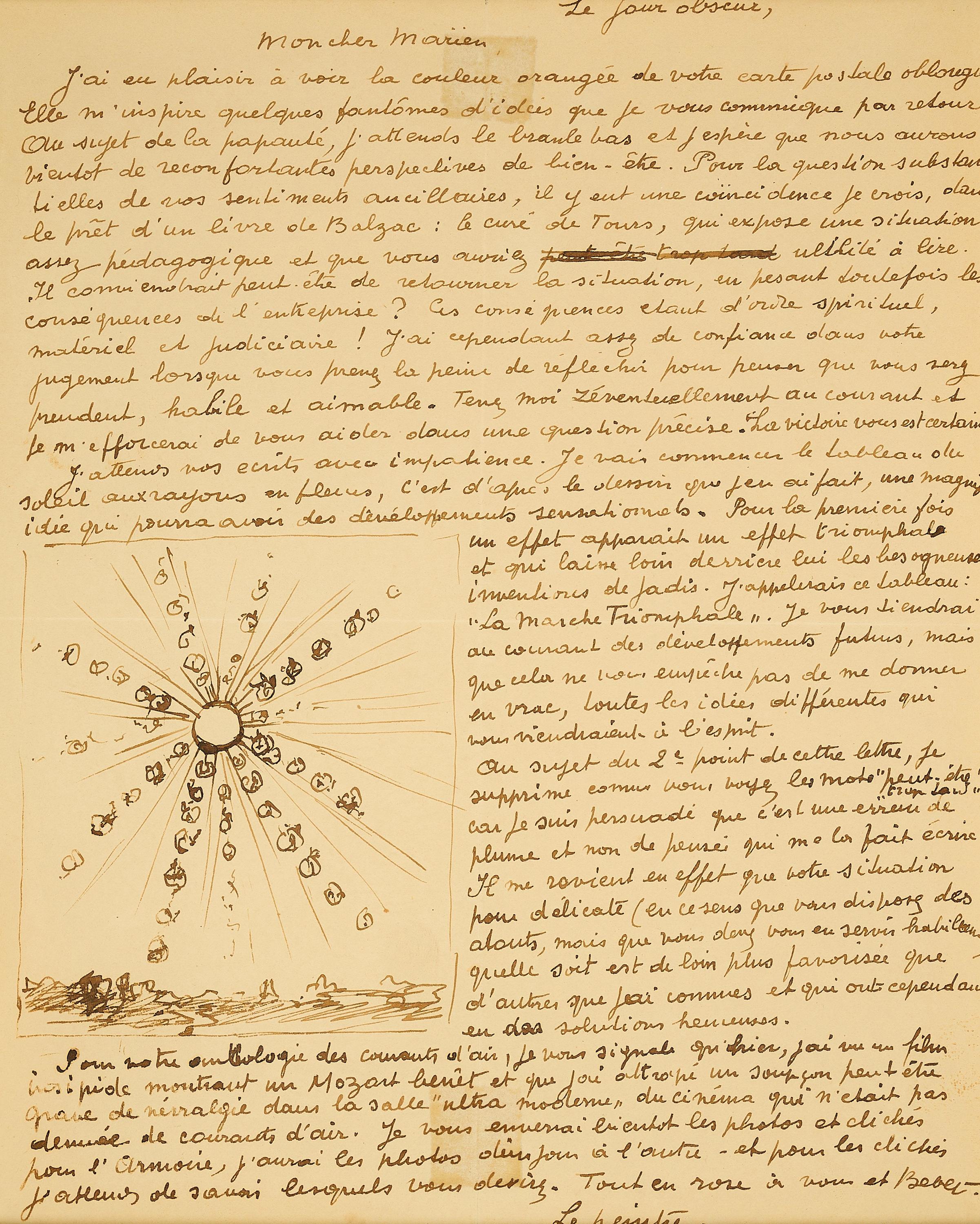 René Magritte - Handschriftlicher Brief mit einer Sonnenzeichnung.