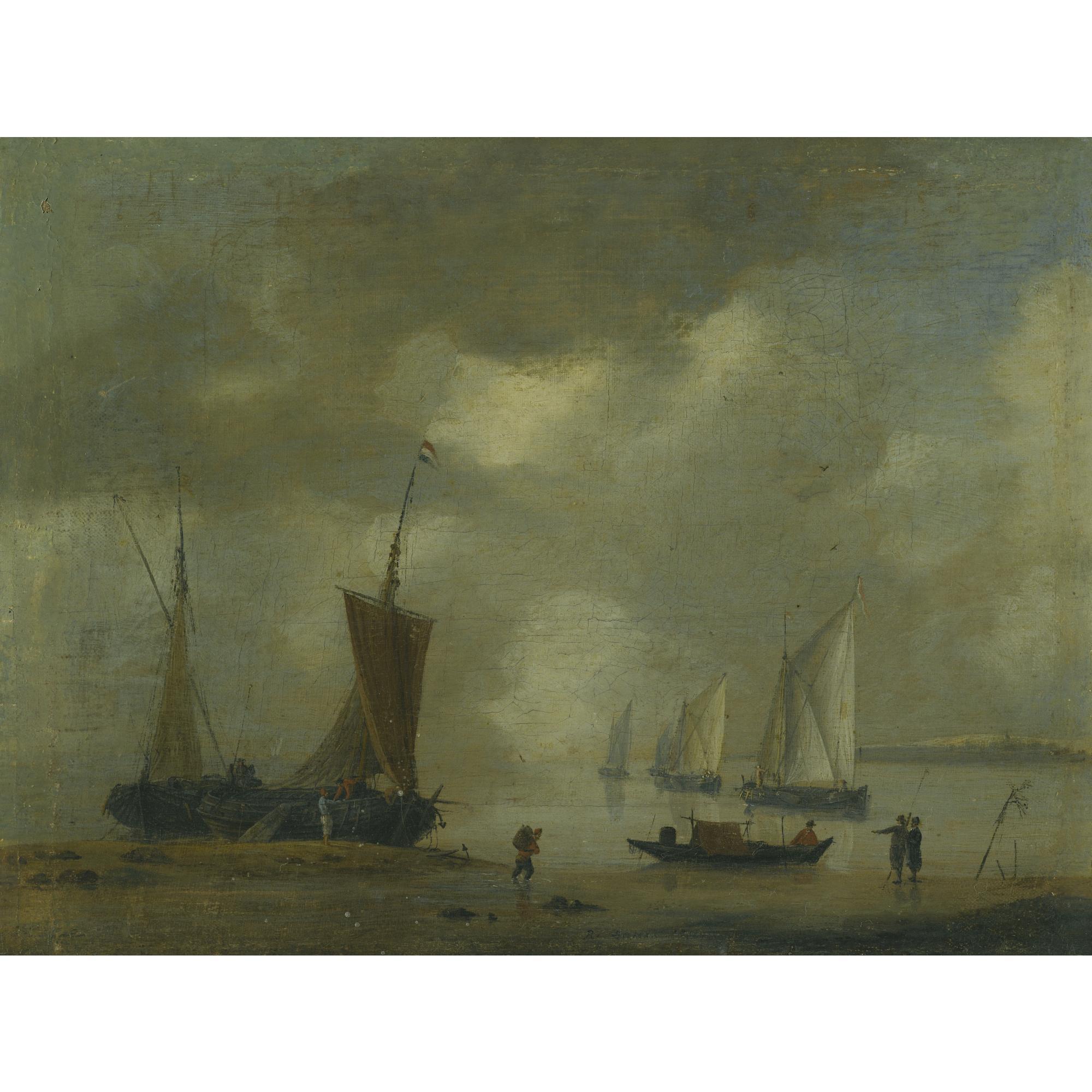 Renier Nooms - A Coastal Scene With Dutch Ships Moored Offshore