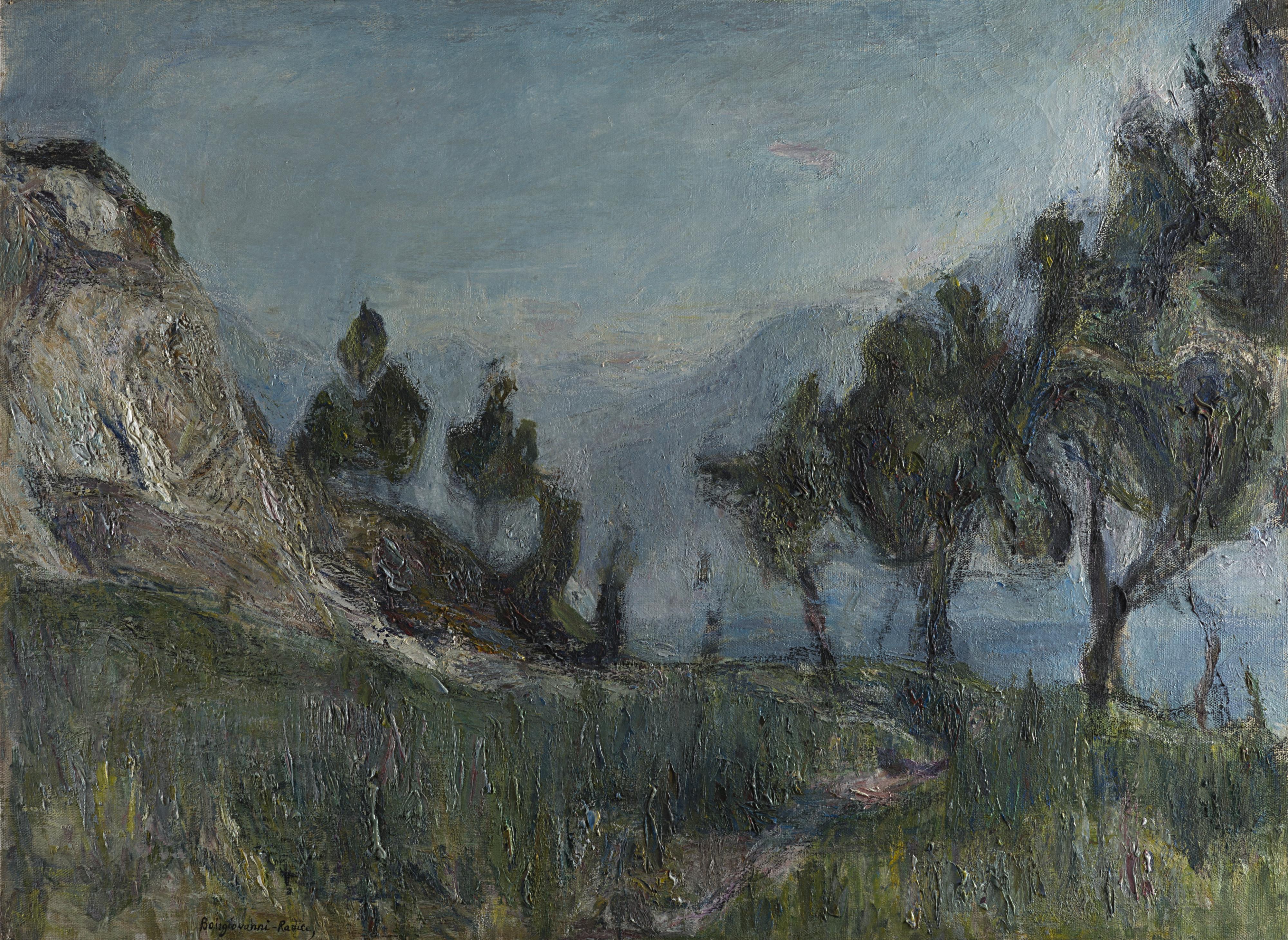Renzo Bongiovanni Radice - Paesaggio lacustre con alberi e montagne sullo sfondo