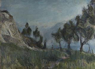 Renzo Bongiovanni Radice - Paesaggio lacustre con alberi e montagne sullo sfondo