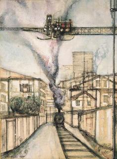 Renzo Vespignani - Paesaggio urbano con locomotiva