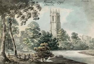 Rev. John Swete - Views of Devon, Somerset and Monmouthshire including: Tiverton Church (illustrated); Dunster Castle; Bickleigh Court, Devon; and Budshead Barn