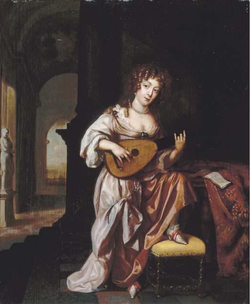 Reynier De La Haye - An Elegant Lady Playing The Lute, Seated By A Draped Table, A Terrace Beyond