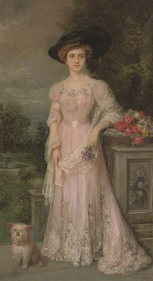Ricardo de Madrazo Y Garreta - Portrait of a lady in a pink dress, full length standing alongside her dog