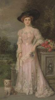 Ricardo de Madrazo Y Garreta - Portrait of a lady in a pink dress, full length standing alongside her dog