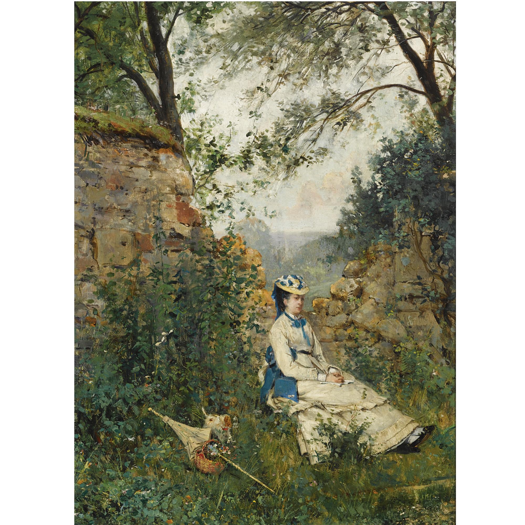 Ricardo Diaqué - A Summer Landscape With An Elegant Lady At Rest