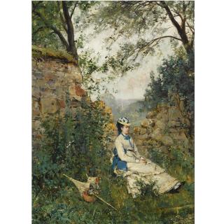 Ricardo Diaqué - A Summer Landscape With An Elegant Lady At Rest