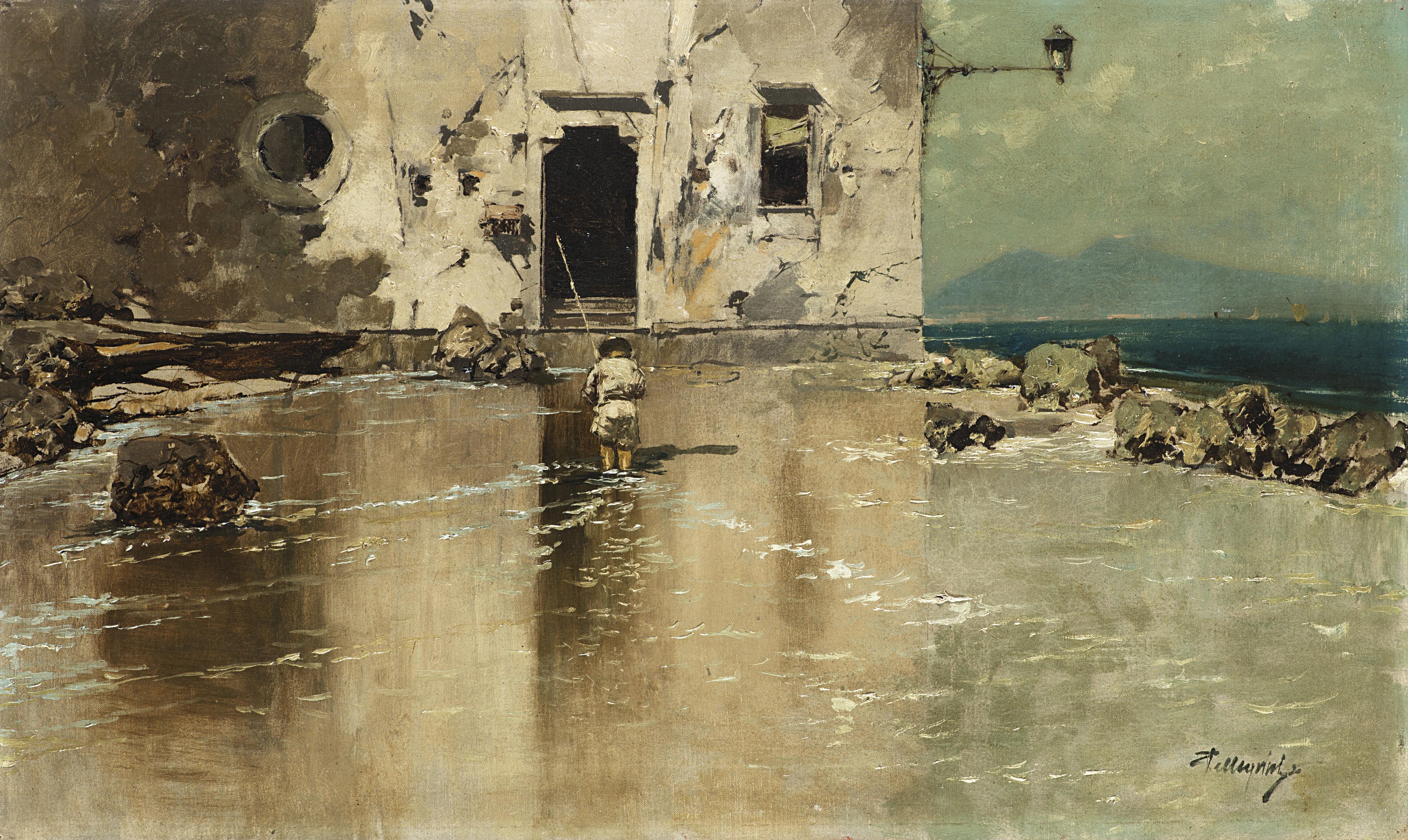 Riccardo Pellegrini - Paesaggio costiero con pescatore