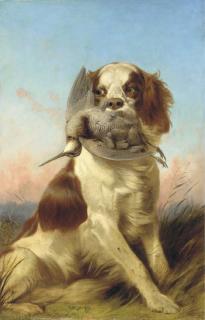 Richard Ansdell, R.A. - A Spaniel with a Woodcock at Sunset