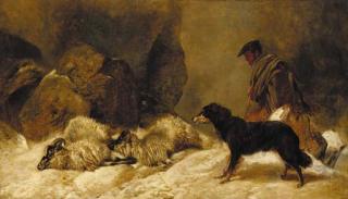 Richard Ansdell, R.A. - Lost, a shepherd with a dog and sheep in a snowy landscape