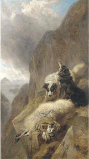 Richard Ansdell, R.A. - Sheepdogs With A Stricken Sheep In A Mountainous Highland Landscape