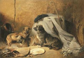Richard Ansdell, R.A. - Three Dandie Dinmont Terriers by a cottage hearth