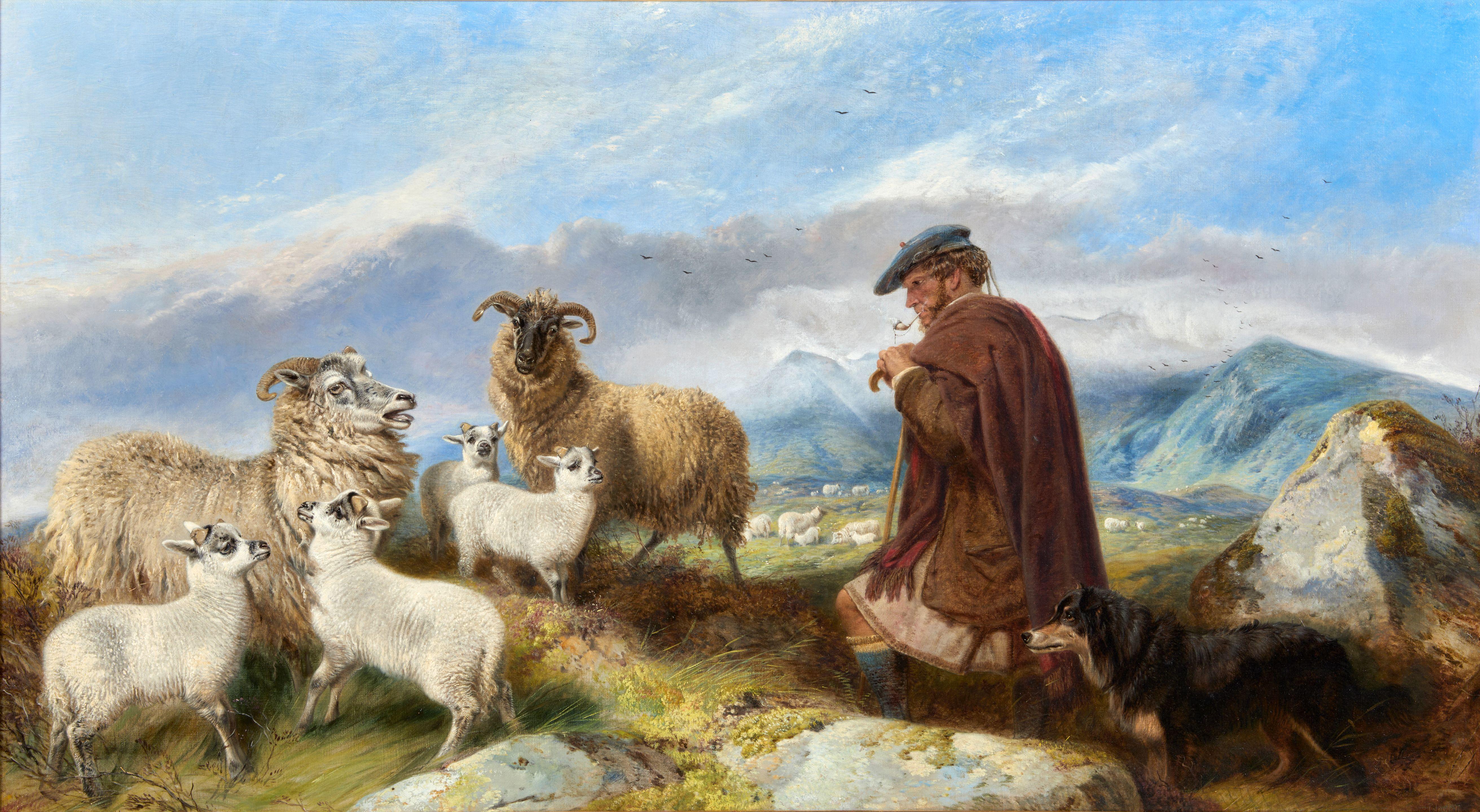 Richard Ansdell, RA - Highland Shepherd with Ewes and Lambs