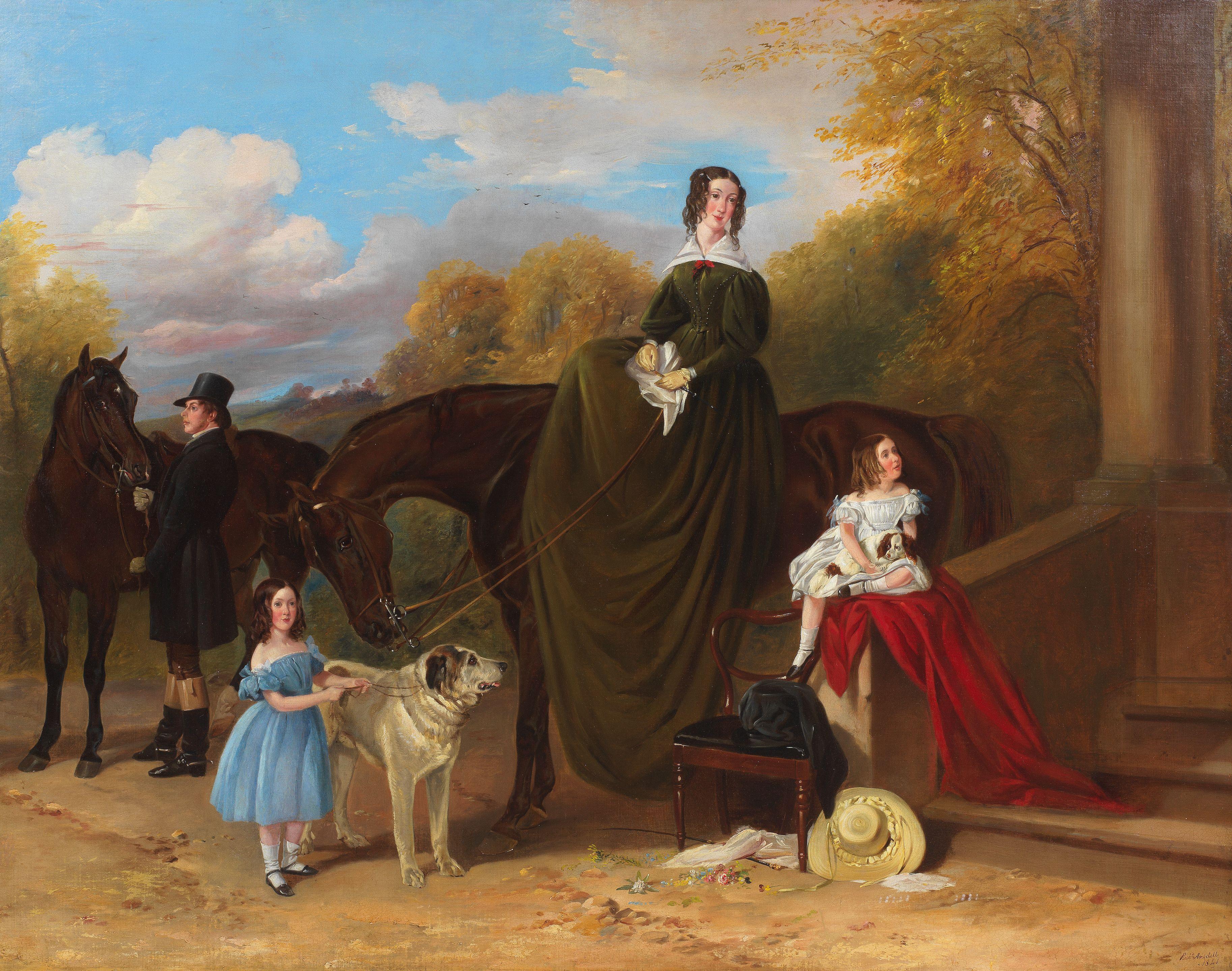 Richard Ansdell, RA - Lady Caroline Harriet Towneley with her daughters Caroline and Emily outside Croxteth Hall