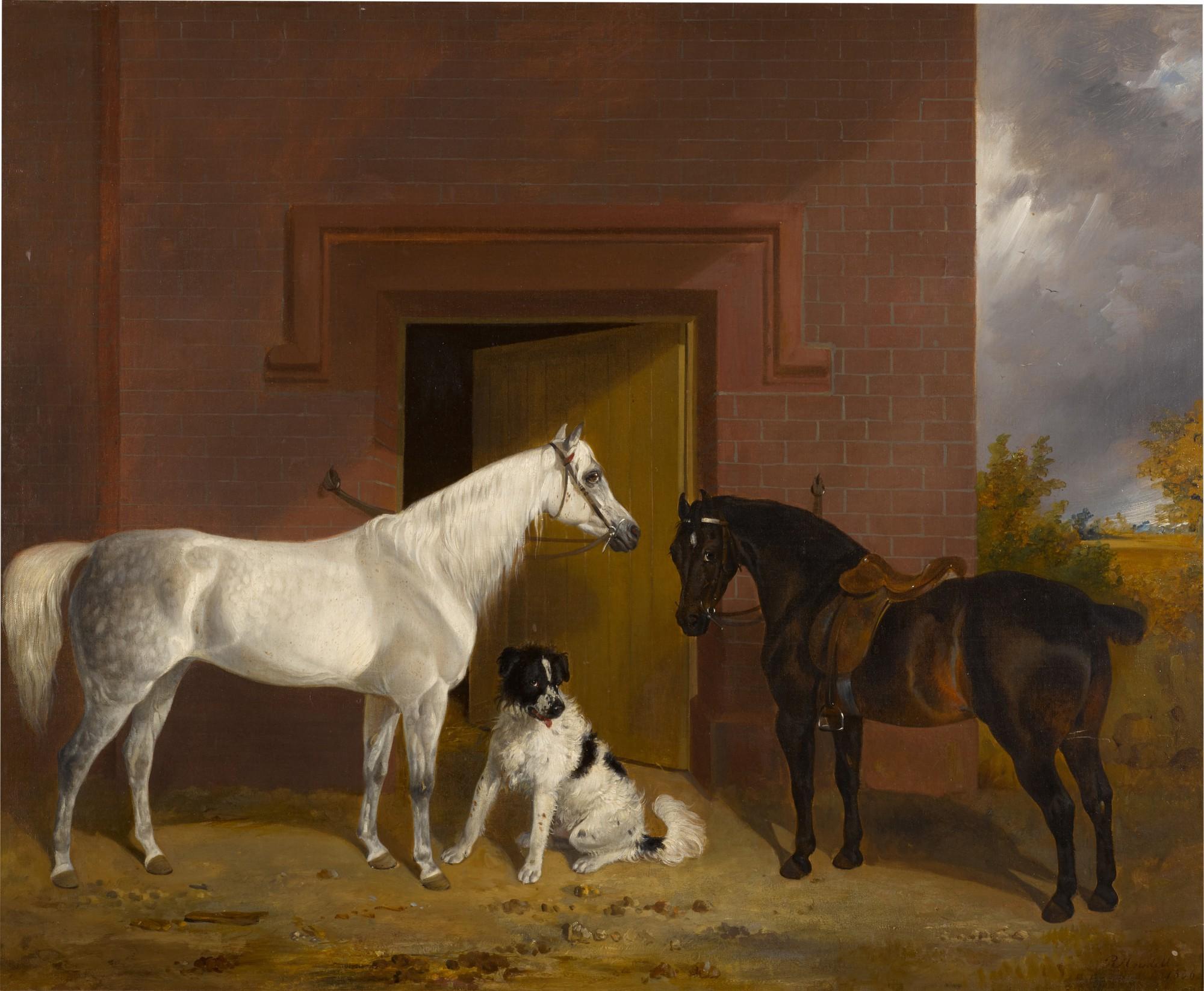 Richard Ansdell - White and Brown Horse in a Farmyard with Dog