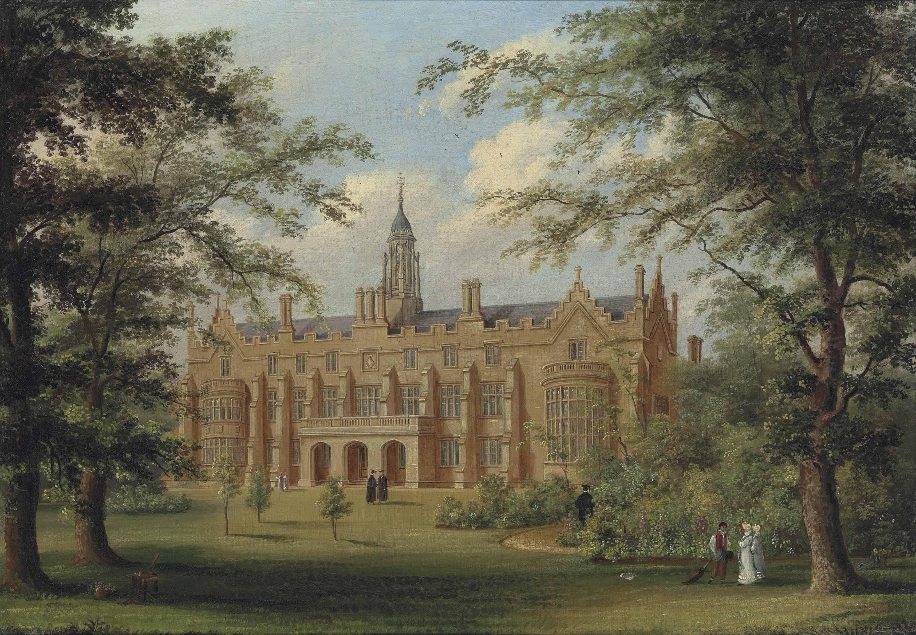 Richard Bankes Harraden - A View Of Sidney Sussex College, Cambridge, With Figures On The Grass