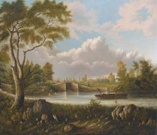 Richard Bankes Harraden - Figures bathing in a canal with a town beyond