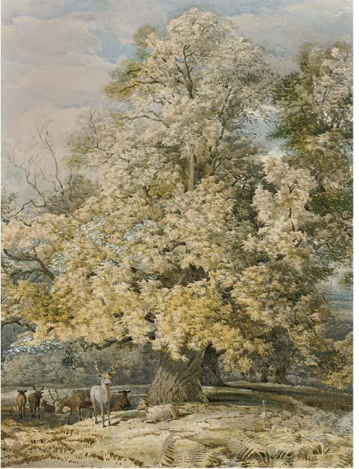 Richard Beavis, R.W.S. - Deer Grazing Under A Tree In A Parkland Landscape