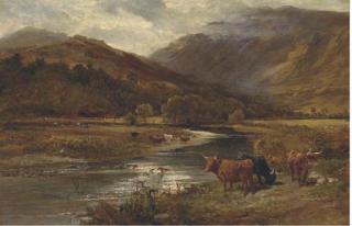 Richard Beavis - Highland Cattle Grazing By A River