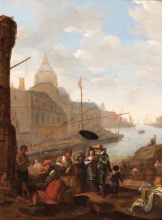 Richard Brackenburg - A Mediterranean port with merchants on the quayside; and A Mediterranean port with elegant figures (2)