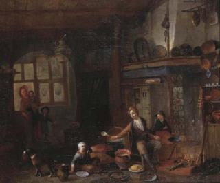 Richard Brakenburgh - A domestic interior with a family seated by the hearth