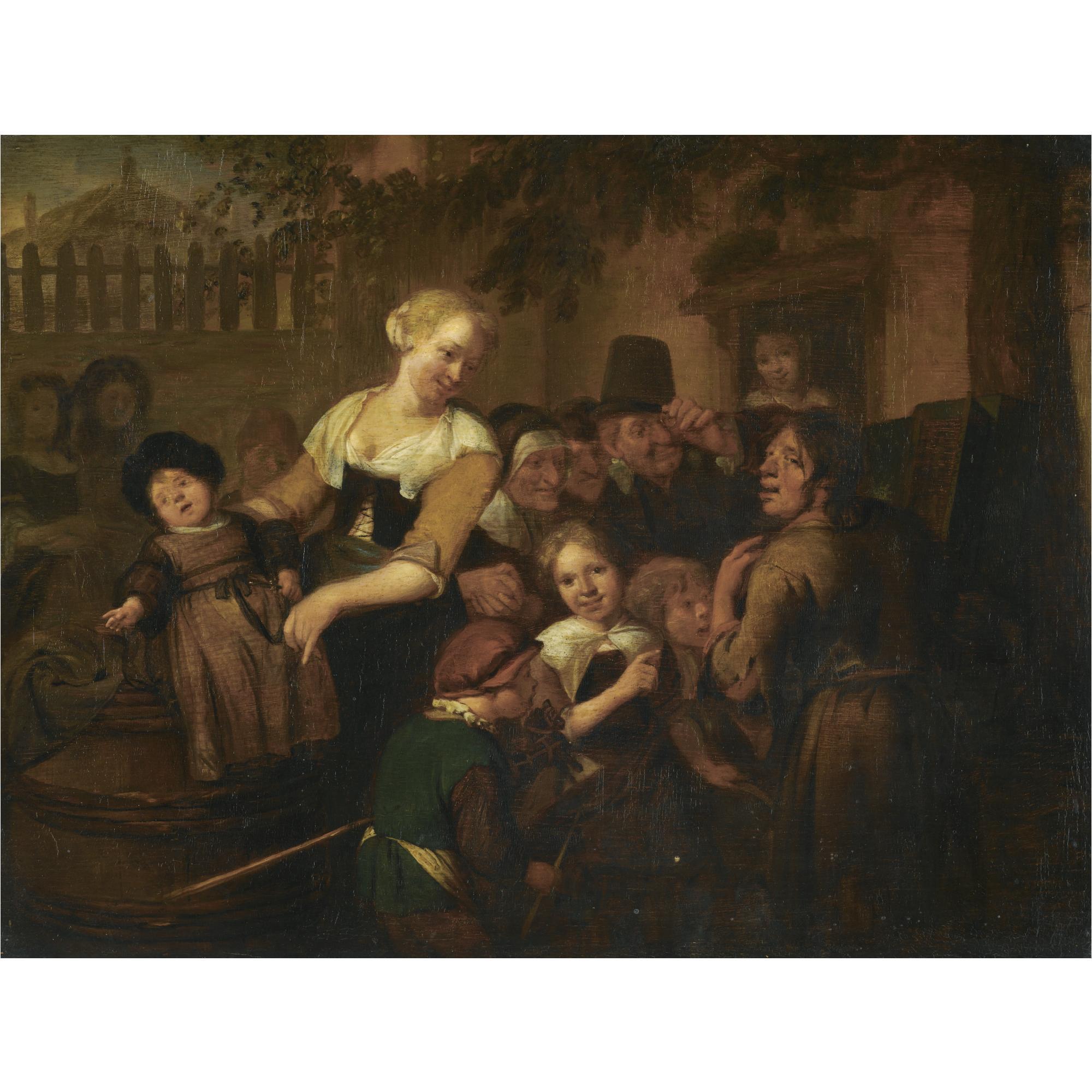 Richard Brakenburgh - A Village Scene With Children And Villagers Gathered Around A Travelling Entertainer