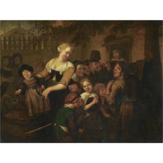 Richard Brakenburgh - A Village Scene With Children And Villagers Gathered Around A Travelling Entertainer