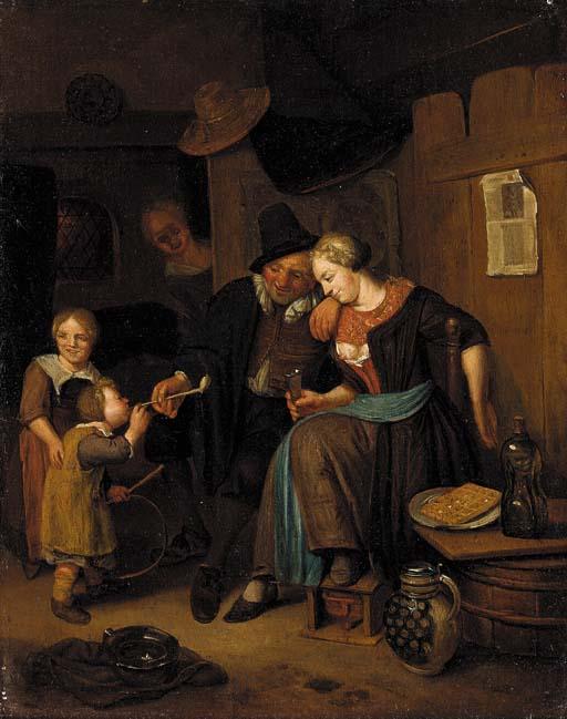 Richard Brakenburgh - An interior scene with a couple and children