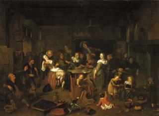 Richard Brakenburgh - Boors merry making in an inn with a pancakecook in the foreground