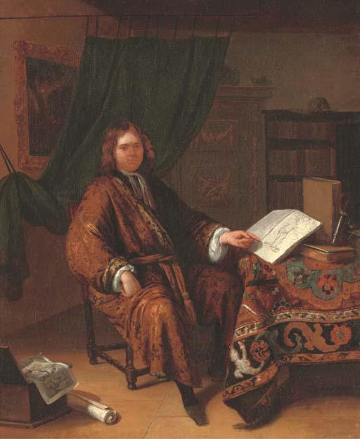 Richard Brakenburgh - Portrait of A Connoisseur, Full-Length, Seated At A Draped Table With Books, Prints And Writing Implements In A Library Interior