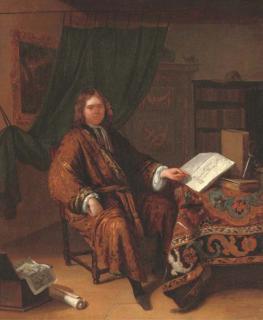 Richard Brakenburgh - Portrait of A Connoisseur, Full-Length, Seated At A Draped Table With Books, Prints And Writing Implements In A Library Interior