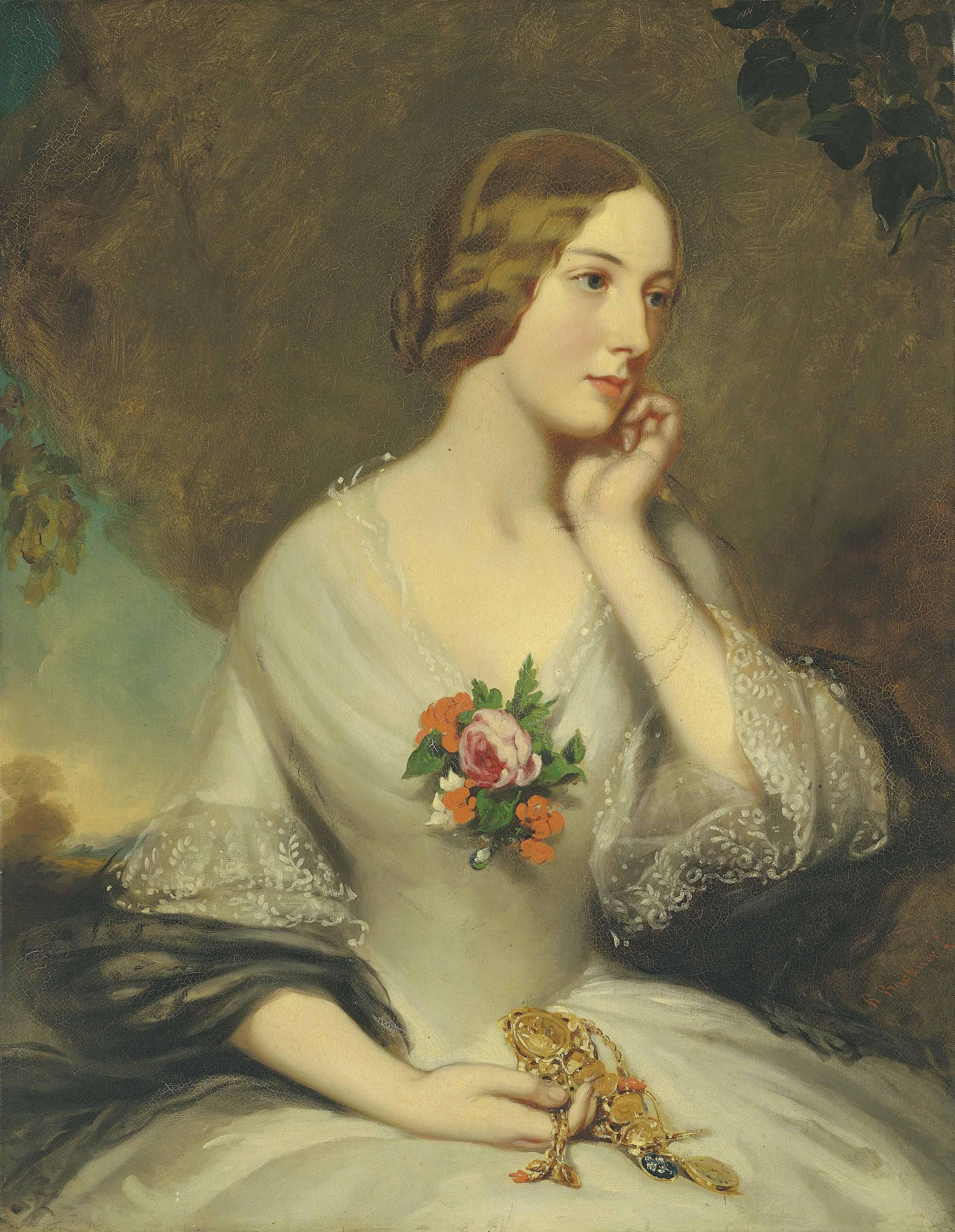 Richard Buckner, R.A. - Portrait Of Elizabeth Baring, Née Sturt (1827-1867), Wife Of Thomas George Baring, 1St Earl Of Northbrook, Half-Length, In A Landscape