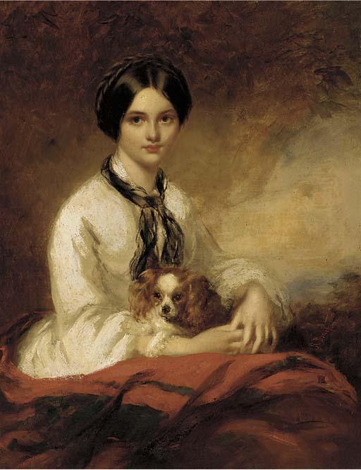 Richard Buckner - Portrait of Lady Fletcher, neé Agnes Wilson, seated half-length, in a white blouse, with a spaniel in her arms