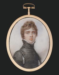 Richard Cosway, R.A. - A boy, in Van Dyck dress, black slashed doublet, standing white lawn collar, curling brown hair