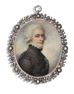 Richard Cosway, R.A. - A Fine Self-Portrait of The Artist, In Black Jacket With High Collar, Frilled White Shirt, Blue Checked Cloak Draped Around His Shoulders, Powdered Hair; Sky Background