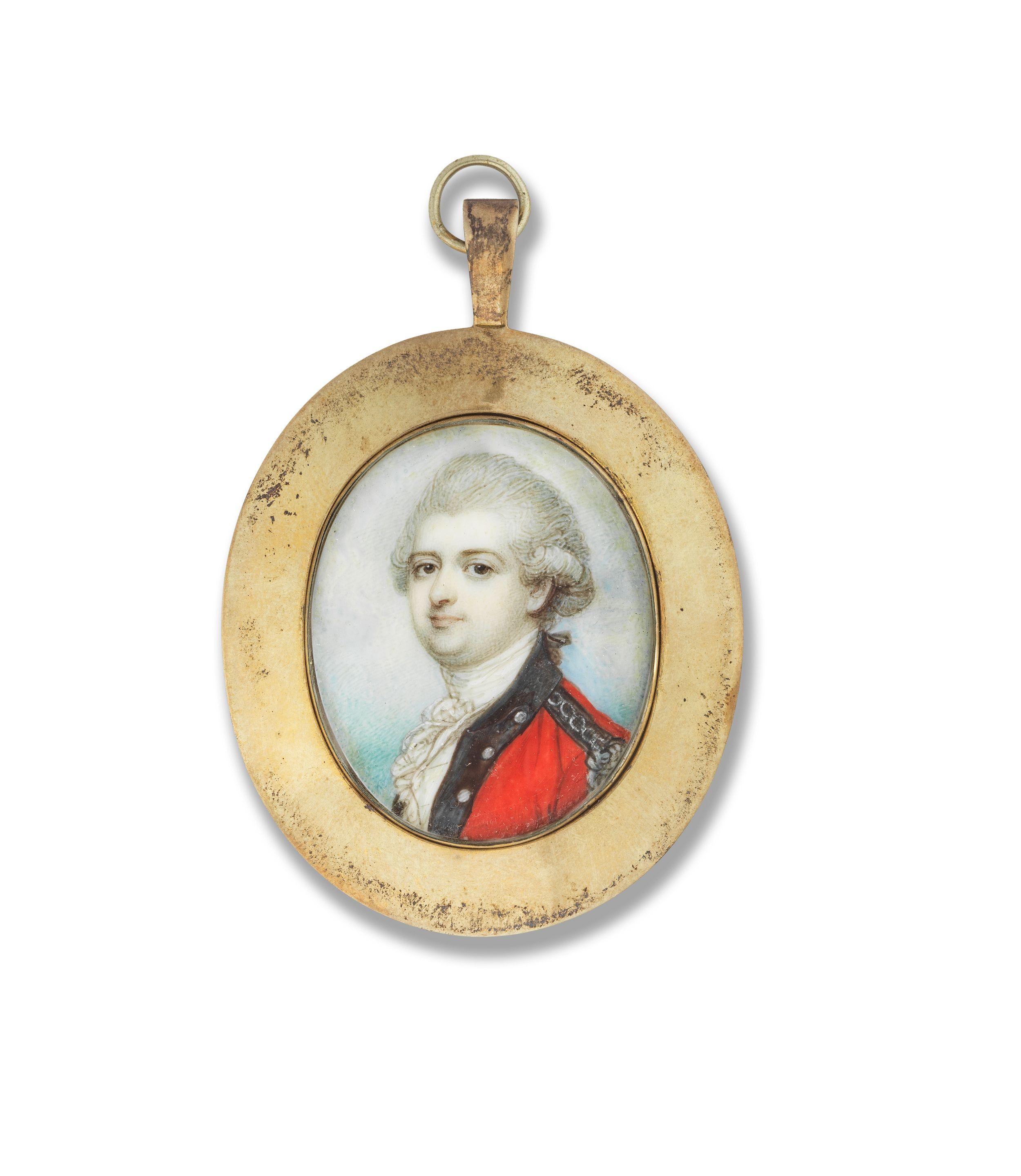 Richard Cosway, R.A. - A portrait miniature of an officer, wearing red coat with black collar and epaulettes over his white waistcoat, chemise and cravat, his hair powdered and tied with black ribbon