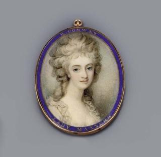 Richard Cosway, R.A. - A young lady called Lady Manners, facing right in lace-bordered white dress, her curled powdered hair upswept and falling to her shoulders