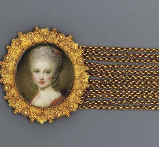 Richard Cosway, R.A. - A young lady, full face in red dress with lace underdress, black ribbon choker, red ribbon and string of pearls in her upswept powdered hair