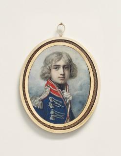 Richard Cosway, R.A. - Charles Francis Plowden (1781-1800), In The Uniform Of The 5Th Regiment Of Foot (Northumberland Fusiliers), Blue Coat With Red Collar, Silver Braids, Tassels And Epaulettes, Powdered Hair; Sky Background