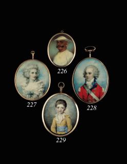 Richard Cosway, R.A. - Elizabeth Farren, Countess of Derby, facing right in white dress with elaborate ruffled collar, blue bow tied at corsage, long powdered curling hair; cloud and sky background