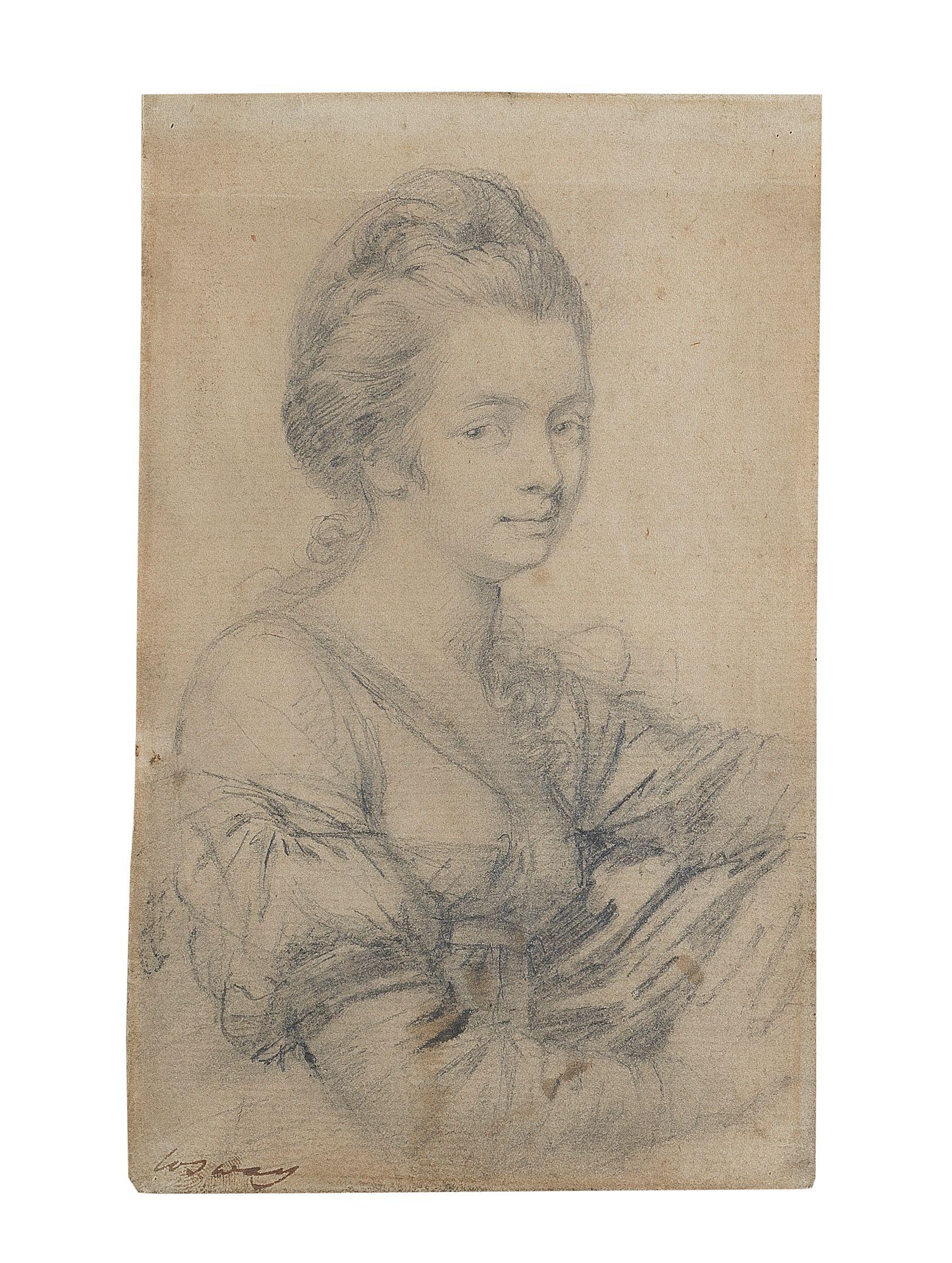 Richard Cosway, R.A. - Portrait of a lady, probably the artist\'s wife Maria, leaning on a chair with her hands clasped in front of her