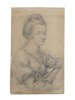 Richard Cosway, R.A. - Portrait of a lady, probably the artist\'s wife Maria, leaning on a chair with her hands clasped in front of her