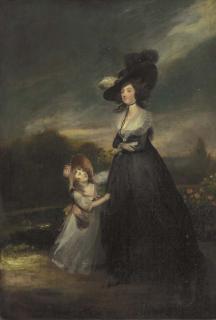 Richard Cosway, R.A. - Portrait of a Lady, small-full-length, in a black dress and hat; and Portrait of a girl, small-full-length, in a white dress and pink bonnet