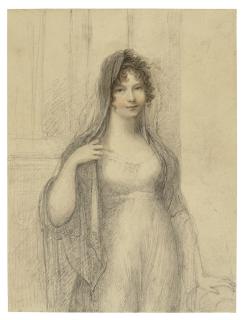 Richard Cosway, R.A. - Portrait of a veiled lady, probably Maria Cosway, three-quarter length, standing by a column